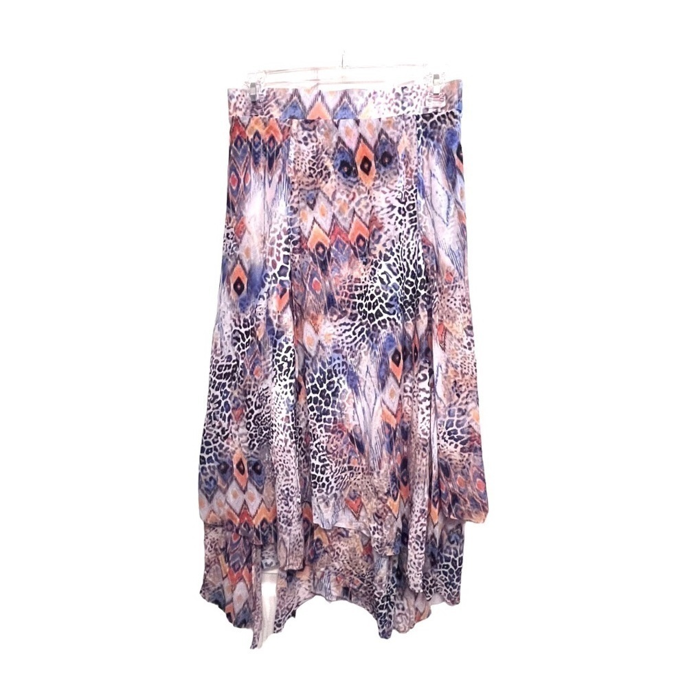 CHICO’S mesh asymmetric handkerchief hem skirt lined southwest/leopard print sz0